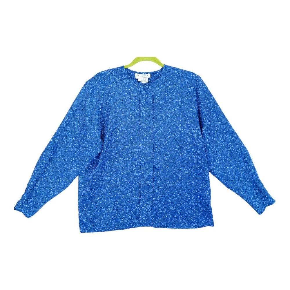 Vintage Oscar De La Renta Expressions Blouse Blue Long Sleeve Size 14 ~ Women's